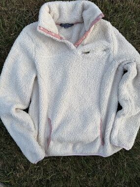 Eddie Bauer Cream Sherpa Pullover with Pink Trim Accents